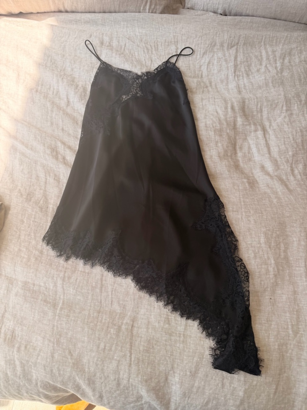 Zara Black Lace-Trim Satin Slip Chemise with Asymmetric Hem